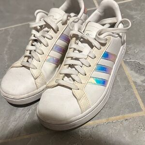 Adidas White Sneakers with Holographic Stripes
